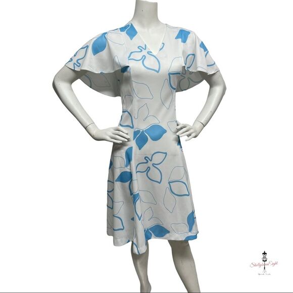 VINTAGE 60s 70s Eve Le Coq Fit & Flare Cape Sleeve Collar Dress 10 12 Stretch - Picture 4 of 11